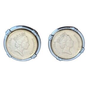 Vintage Queen Elizabeth II Clip On Earrings Bermuda One Dollar Coin Silver Gold